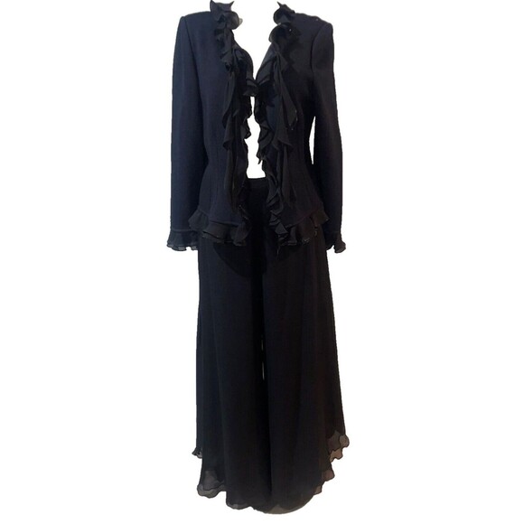 St. John Evening Women’s Santana Knit Silk Ruffle 2pc Pant Suit size 14 Black - Picture 1 of 11